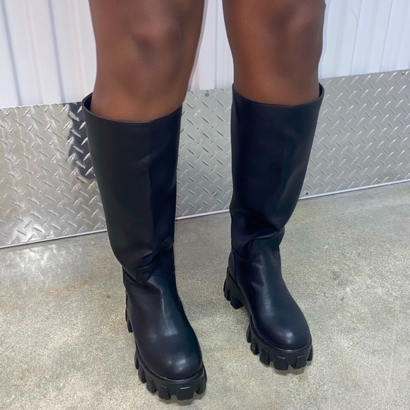 Black biker long Boot with chunky sole - Picture 2 of 2